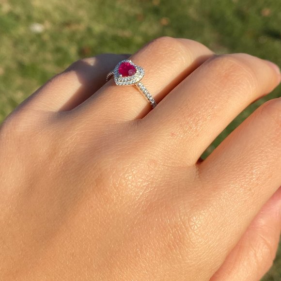 Heart Shaped Natural Ruby and Double Halo Natural Diamond Ring - Picture 10 of 10
